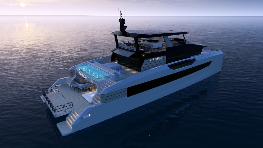 SuperCat cinematic flyaround — luxury catamaran at dusk